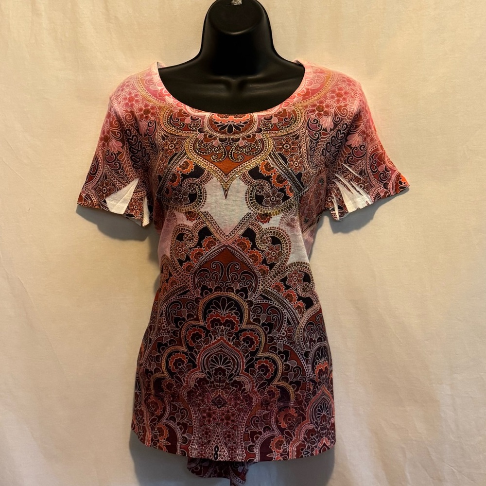 H-189 Cato Pink‎ & Brown Sequin Detail Short Sleeve Pullover Blouse Size M